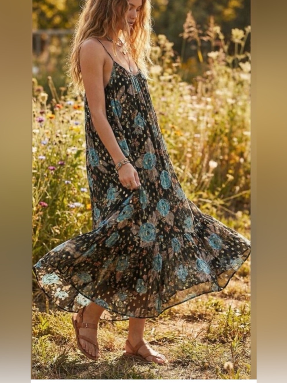 NATURAL LIFE Black Maxi Dress with Blue Floral Print and gold accents
